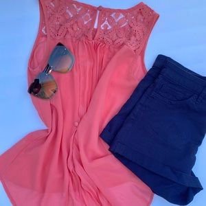 Coral lace sheer tank top